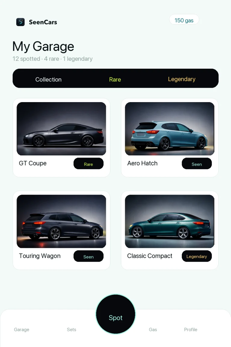 SeenCars My Garage collection showing spotted, rare, and legendary cars
